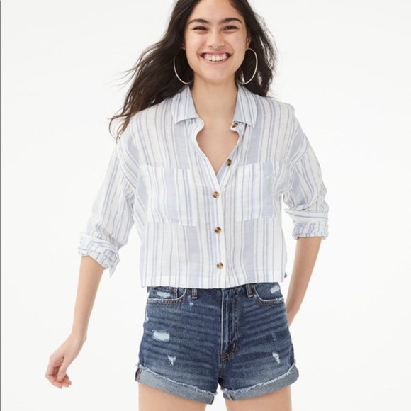 NWT Aeropostale Blue White Long Sleeve Striped Cropped ⭐3+ Bundle 15%⭐️ - Picture 1 of 8